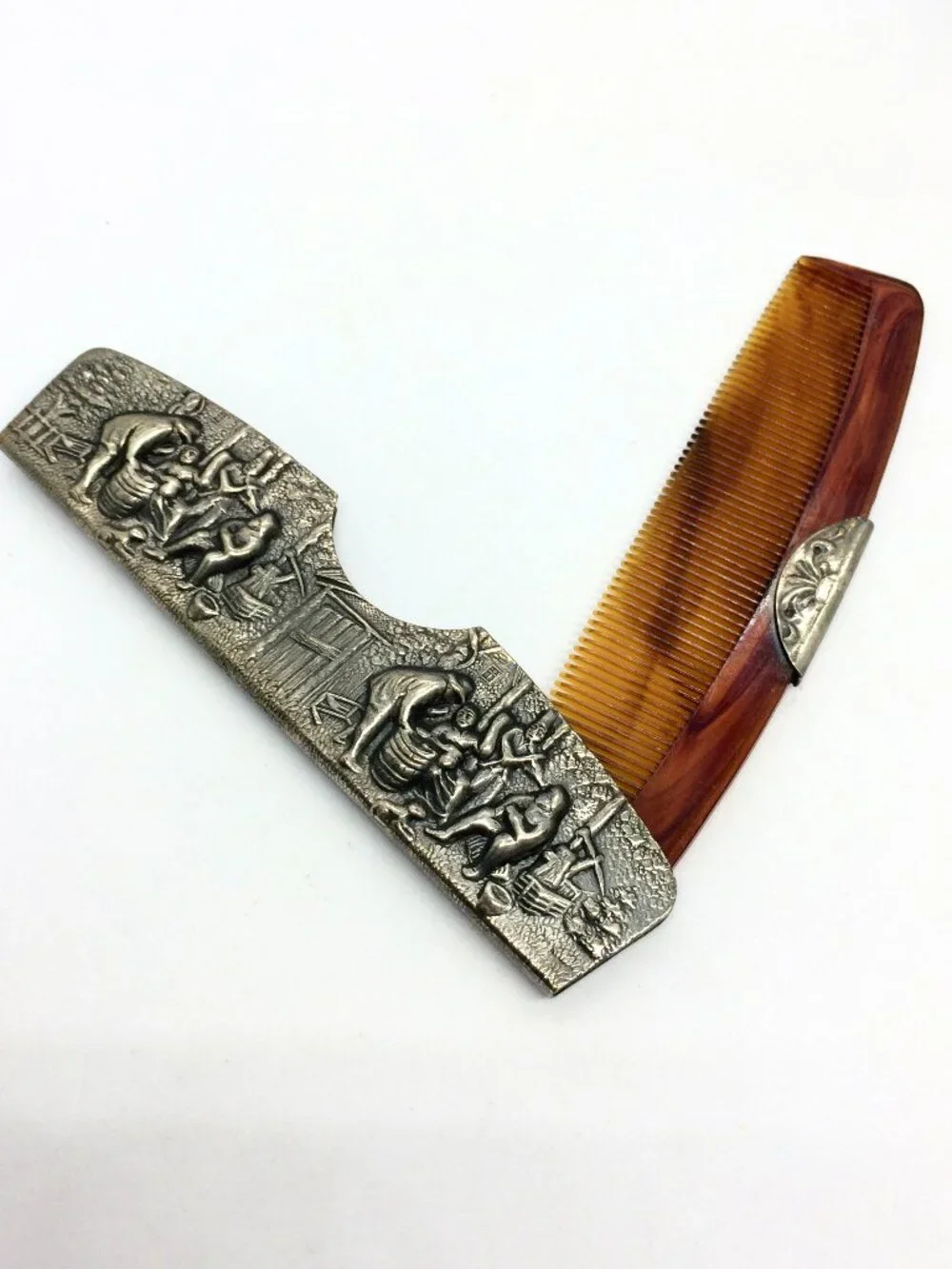 VINTAGE HANS JENSEN Vanity Mirror Comb Set Denmark Silverplate Repousse 1940s